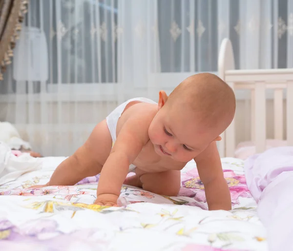 Little Baby Girl Nappy Crawling Bed Nursery Close Portrait — Stock Photo, Image