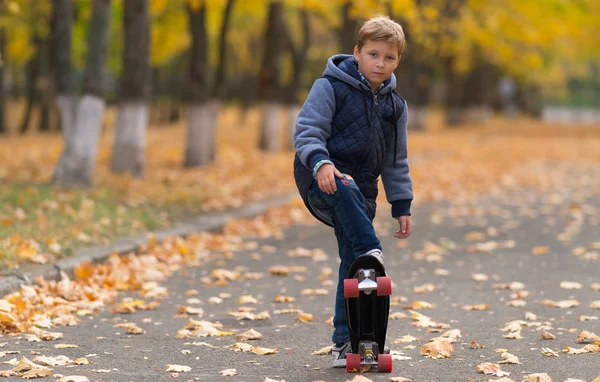 左にコピー スペースを持つ全長フロント肖像画で撮影 秋に公園でスケート ボードのトリックをやって暖かいジャケットの少年 — ストック写真