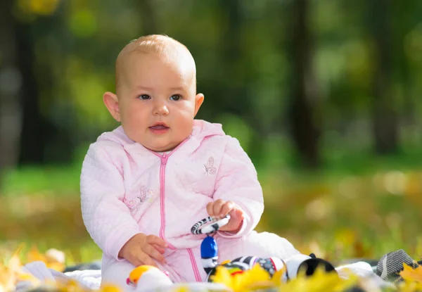 Şirin Bebek Kız Pembe Renkli Sarı Sonbahar Arasında Parktaki Oyuncaklarla — Stok fotoğraf