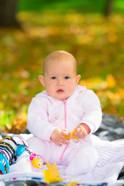 Mollige Babymeisje Zittend Een Tapijt Een Park Omgeven Door Kleurrijke — Stockfoto