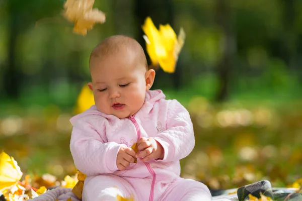 Colorful Yellow Autumn Leaves Falling Cute Baby Girl Park She — Stock Photo, Image