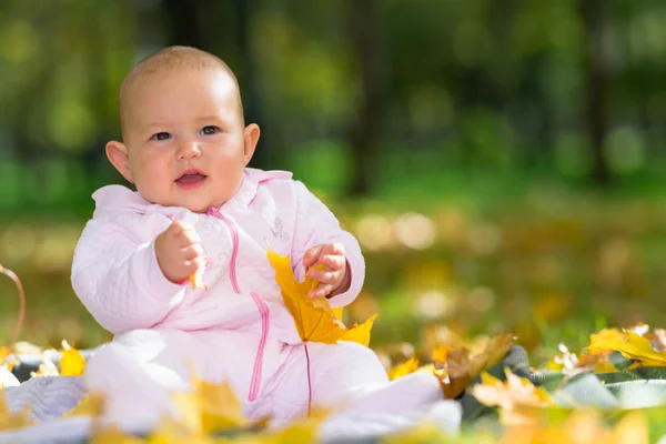 Adorabile Bambina Che Gioca Parco Autunnale Seduta Terra Tra Foglie — Foto Stock