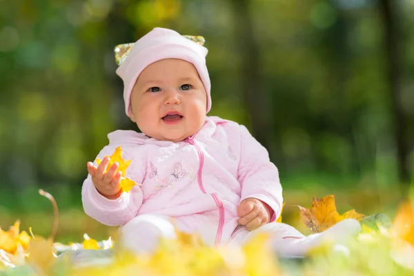 Menina Bonito Pequeno Rosa Brincando Com Folhas Amarelas Coloridas Parque — Fotografia de Stock