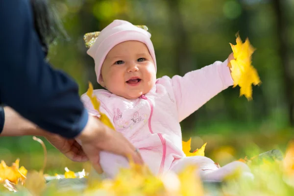 Смеющаяся Девочка Играет Осенними Листьями Матерью Свежем Воздухе Парке Низкоугольном — стоковое фото