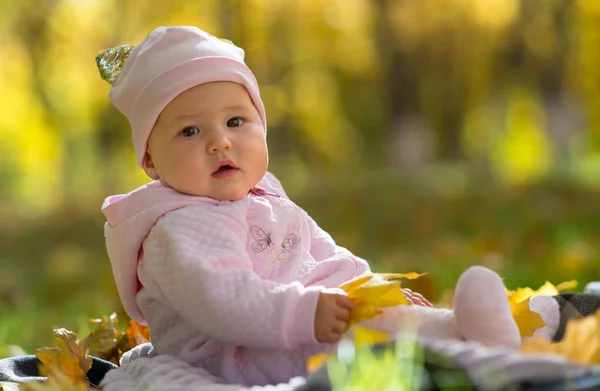 Curious Baby Pink Clothing Sitting Amongst Yellow Autumn Fall Leaves — Stock Photo, Image