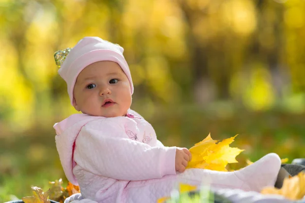 Bebé Con Ropa Rosa Sentado Entre Otoño Amarillo Otoño Sale — Foto de Stock