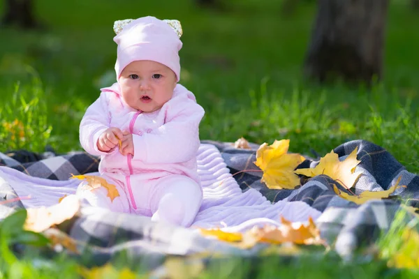 Baby Rosa Kläder Spelar Picknickfilt Bland Höstlöv Park Scen — Stockfoto