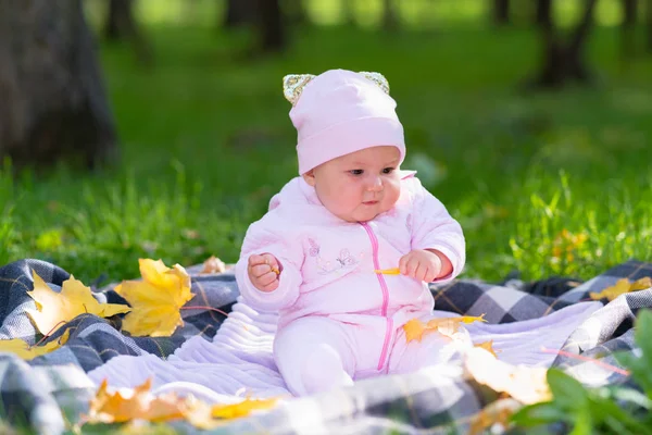 Baby Rosa Kläder Spelar Picknickfilt Bland Höstlöv Park Scen — Stockfoto