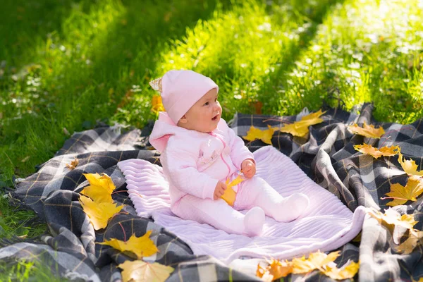 散乱の黄色の葉に囲まれた芝生の上の毛布の上に座って晴れた秋の公園で小さな女の赤ちゃん — ストック写真