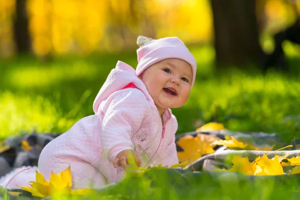 Gelukkig Lachende Babymeisje Een Roze Outfit Liggend Een Deken Weelderige — Stockfoto