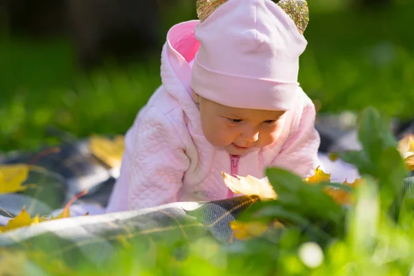 小女婴在户外玩耍 爬过草地上的毯子 检查五颜六色的黄色秋叶 — 图库照片