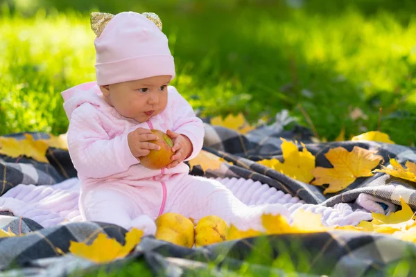 Babymeisje Zittend Een Tapijt Omgeven Door Kleurrijke Gele Val Laat — Stockfoto