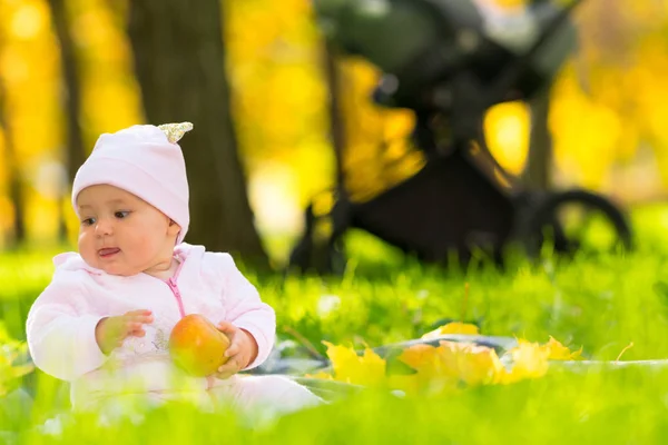 Nöjd Ung Baby Utomhus Höst Park Som Sitter Matta Färskt — Stockfoto