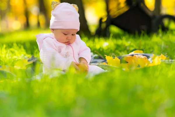 Mała Dziewczynka Bawi Się Jesienią Liści Parku Jak Ona Siedzi — Zdjęcie stockowe