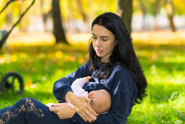 Uma Mãe Discretamente Amamentando Seu Bebê Parque Livre Iluminado — Fotografia de Stock