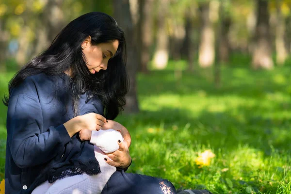 思いやりのある母は慎重に母乳で育てる緑豊かな都市公園における彼女の赤ちゃん — ストック写真