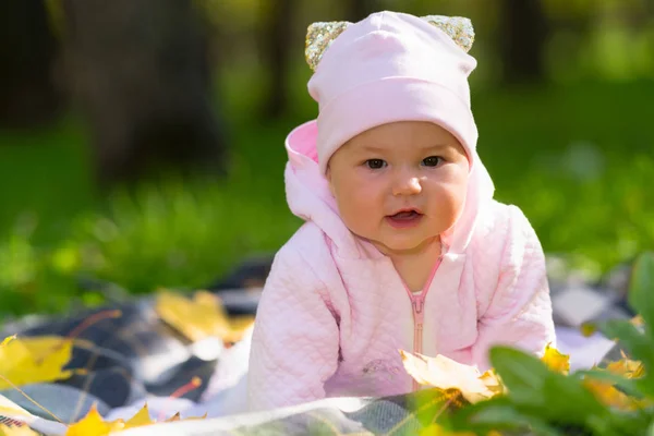 Curious Little Baby Girl Watching Camera Raising Herself Her Arms Stock Photo