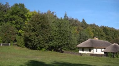 Tarım arazileri thatched kırsal ev