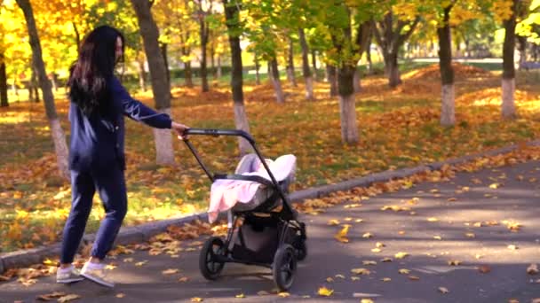 Молода мати стрибає навколо дитячої коляски — стокове відео