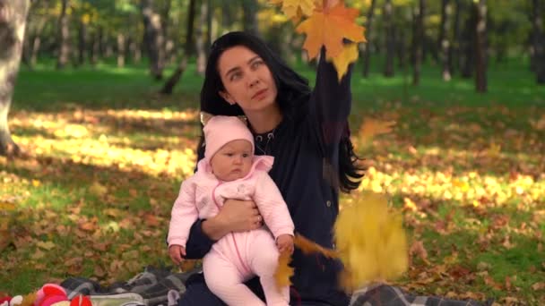 Молодая женщина с ребенком в парке бросает листья — стоковое видео