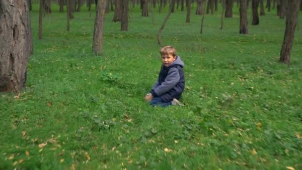 Ung Pojke Varma Blå Jacka Leker Med Fallna Bladen Park — Stockvideo