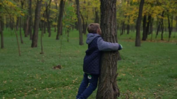 Ung Tonårspojke Kramar Träd Park Står Bredvid Det Ryggar Sedan — Stockvideo