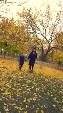 Kamera iki kişinin önünde dönüyor, genç bir kadın ve genç bir çocuk, parkta geziniyor, kameraya doğru yürüyor. Sonbahar manzarası, sarı ağaçlar ve bulutlu gökyüzü