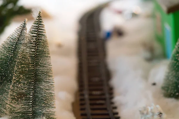 Two Christmas Trees Model Train Track Snow Copy Space Seasonal — Stock Photo, Image