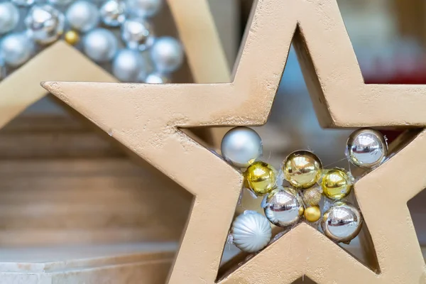Silver Gold Christmas Baubles Golden Star Frame Celebrate Holiday Season — Stock Photo, Image