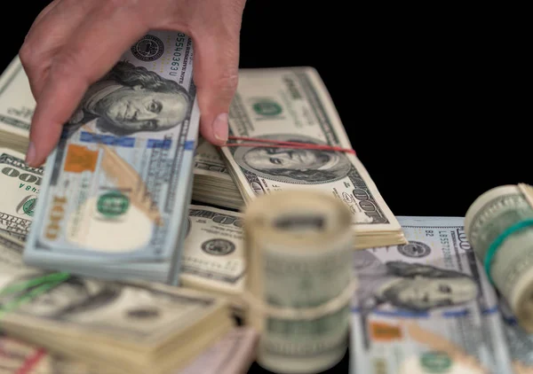 Woman Placing Wad 100 Usd Banknotes Pile Bundles Counted Reading — Stock Photo, Image