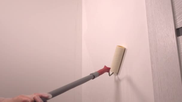 Pessoa pintando uma parede branca com um rolo longo — Vídeo de Stock
