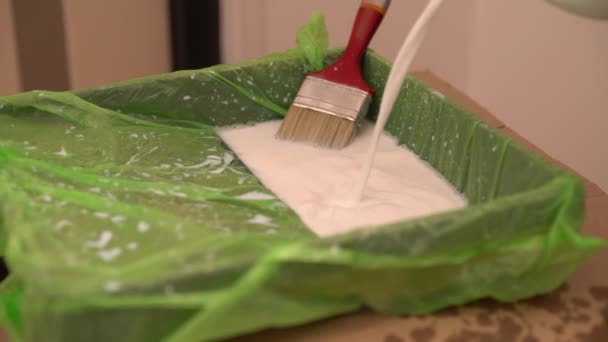 Persona che riempie un vassoio di pittura con vernice bianca — Video Stock