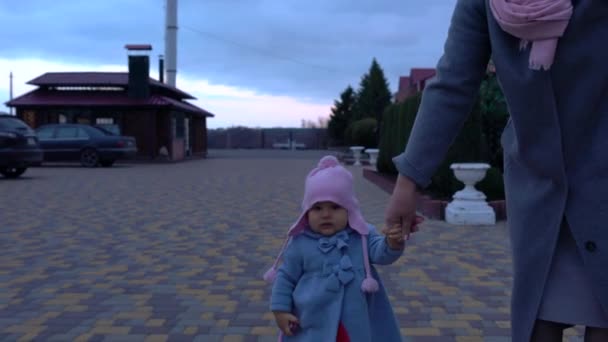 Vrouw wandelen een schattig klein baby meisje in de winter — Stockvideo