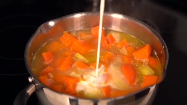 Cocine añadiendo leche a una olla de verduras hervidas — Vídeos de Stock