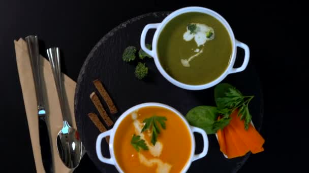 Bowls of gourmet homemade vegetable soup — Stock Footage Bowls of gourmet homemade vegetable soup Stock Footage