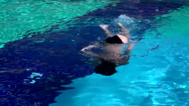 Genç kadın mavi bir havuzda yüzme — Stok video