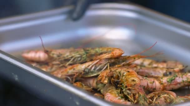 Grilované kořeněné čerstvé krevety v kovové misce — Stock video