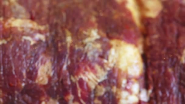 Close up of the fatty grilled meat of a kebab — Stock Video