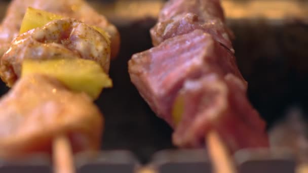 Close up on two rotating kebabs — Stock Video