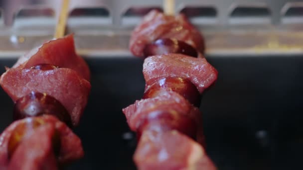 Panorámica a lo largo de una línea de kebabs de carne y pollo — Vídeo de stock