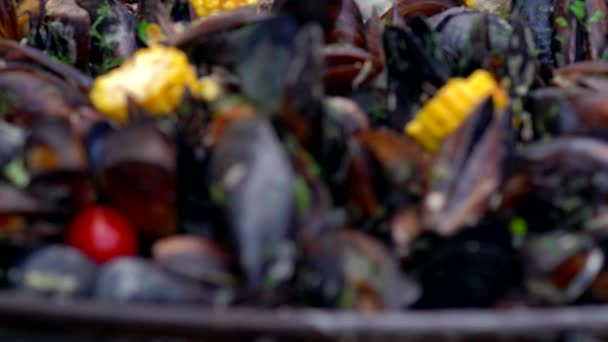 Fresh boiled mussels served with vegetables — Stock Video