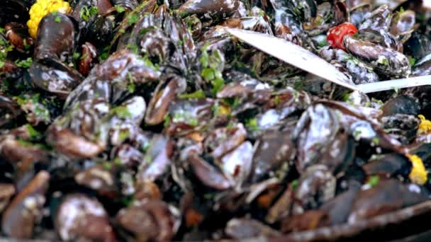 Moules sautées dans une sauce salée sur un buffet — Video