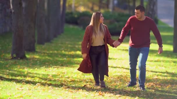 Pareja cogida de la mano mientras corre por el parque — Vídeo de stock