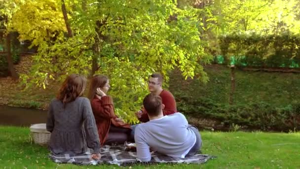 Zwei junge Paare picknicken in einem herbstlichen Park — Stockvideo