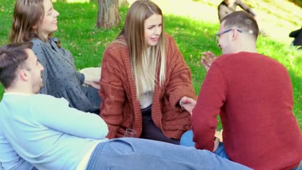 Unga vänner skrattar och småpratar på picknick — Stockvideo