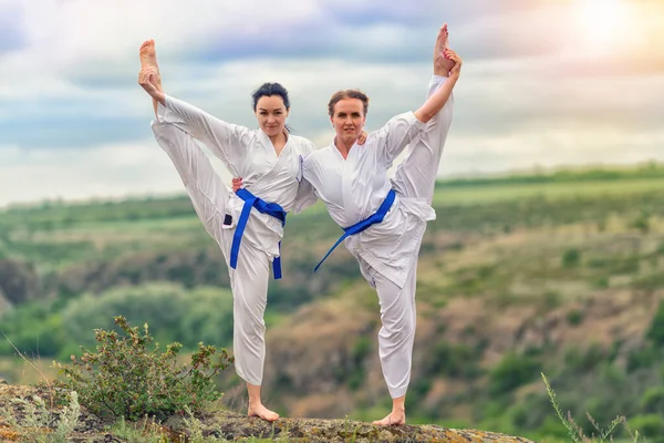 Två Kvinnor Som Utövar Yoga Tillsammans Solens Varma Sken Mulen — Stockfoto