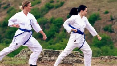 Dövüş sanatları eğitimi alan iki genç kadın.