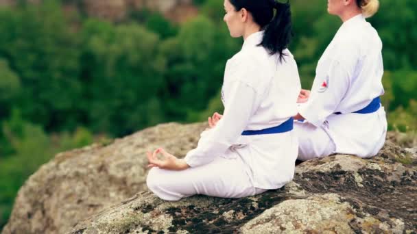 Две женщины сидят медитируя на скале на открытом воздухе — стоковое видео