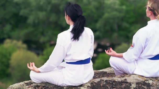 Two young woman sitting meditating on a rock — Stock Video
