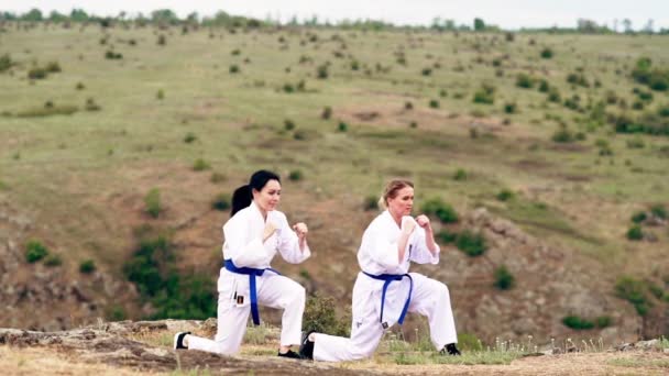 Two young woman giving a synchronised display — Stock Video